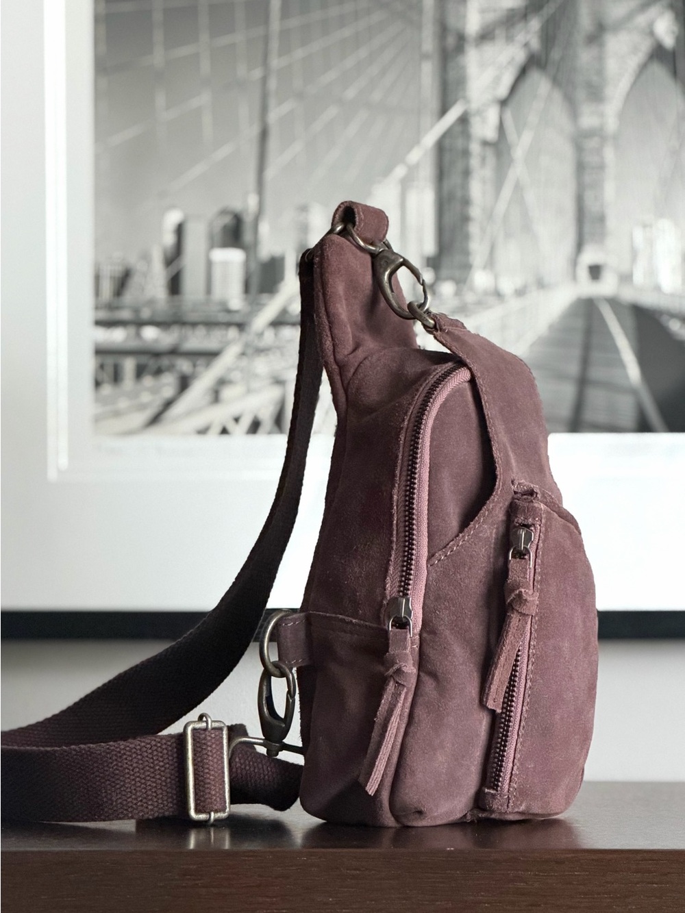Free People Suede Sling Bag - Mauve Plum - Picture 2 of 9